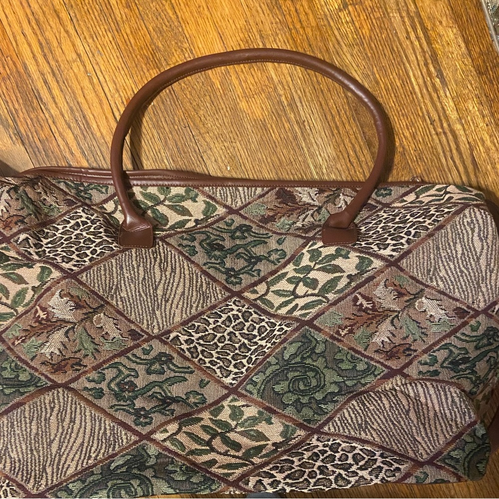 Tapestry Tote Bag with Brown Handles